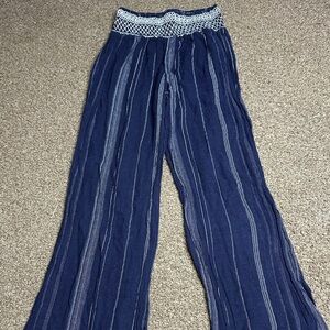 Navy Blue Wide-Leg Pants Embroidered Wide Waist Band with White Accents Size XS